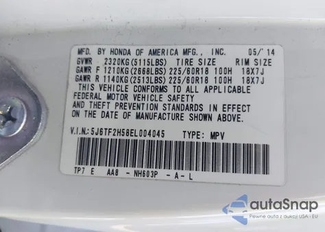 2014 Honda Crosstour Ex-L V6 from USA, damaged, VIN 5J6TF2H58EL004045